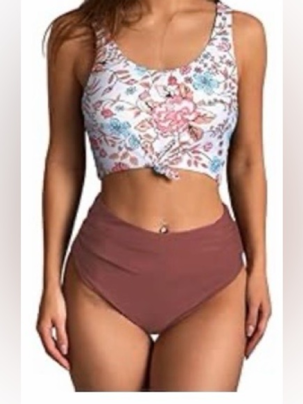 Zaful White and Coral Floral Swim Top and Solid Burnt Orange Bottom Set